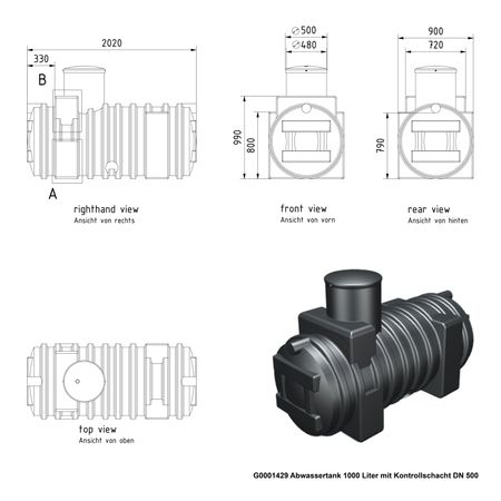 G0001429 Abwassertank 1000 Liter mit Kontrollschacht DN 500 Zeichnung